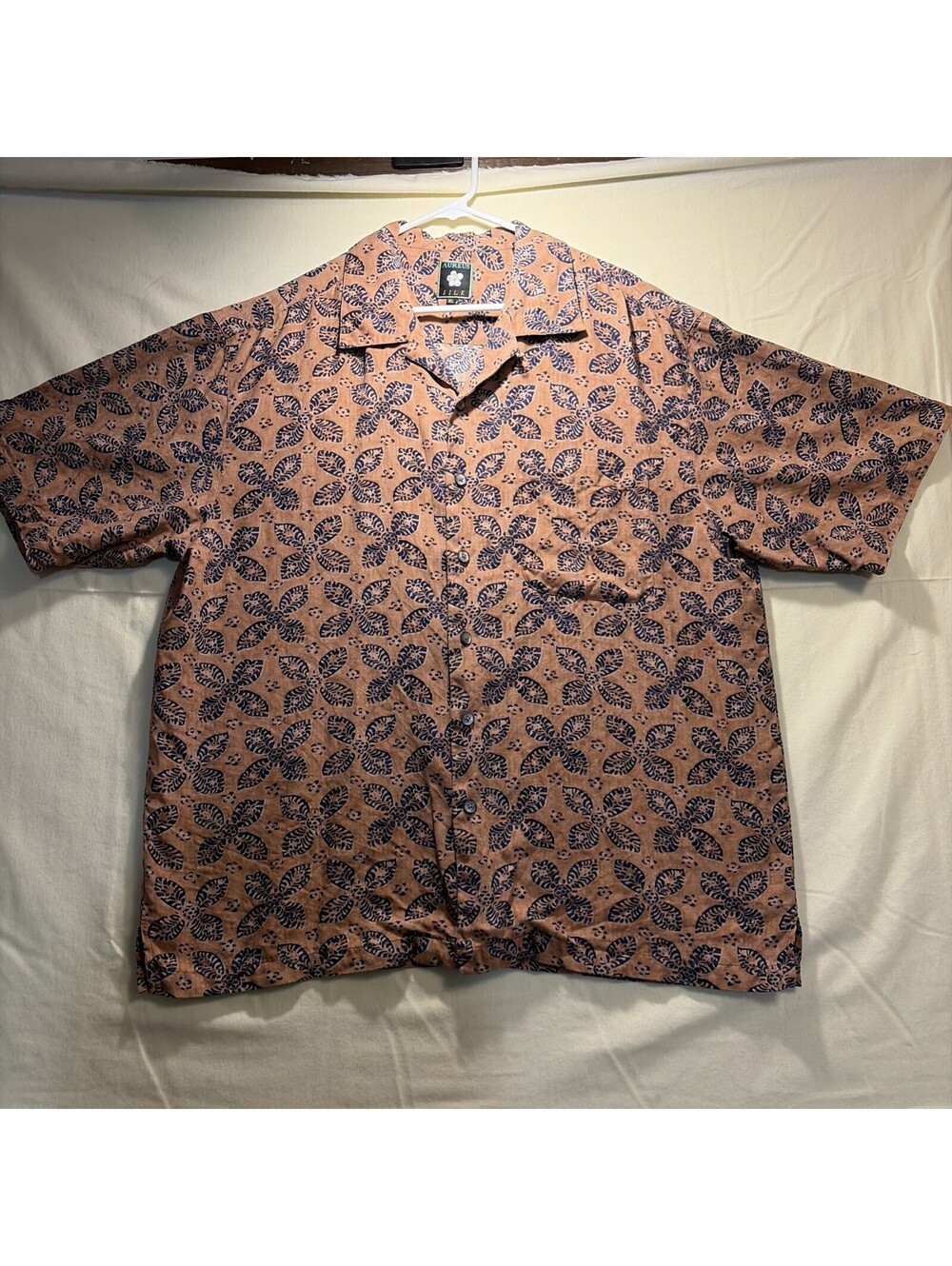 Aureus Silk Men’s Blue & Brown Tropical Flower Leaf Hawaiian Shirt XL